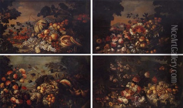Nature Mortes Aux Fruits Et Fleurs Sur Fonds De Paysage Oil Painting - Marco Antonio Rizzi