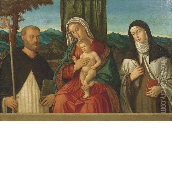 Madonna Col Bambino Tra San Vincenzo Ferrer (?) E Santachiara Oil Painting - Barbari Nicolo De'