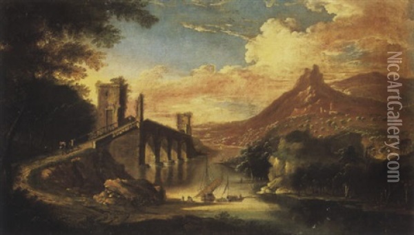 An Italianate Wooded River Lanscape With Travellers Crossing A Bridge, Mountains Beyond Oil Painting - Adriaen Van Diest