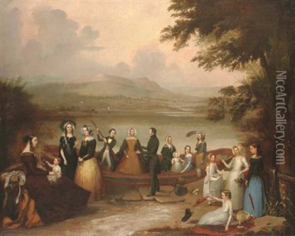 Group Portrait Of A Family (the Reilly Family, Of Scarvagh?) Stepping Ashore From A Boat On A Lough, With Mountains Beyond Oil Painting - Joseph Patrick Haverty