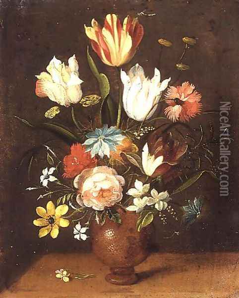 Tulips roses pinks and other flowers in a vase Oil Painting - Jan van Kessel