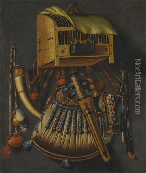 A Trompe L'oeil Still-life With A Hunting Horn And Game Pouch, Bird-of-prey Hoods And Other Hunting Paraphernalia, All Hanging Below A Bird's Cage Oil Painting - Robert Knight