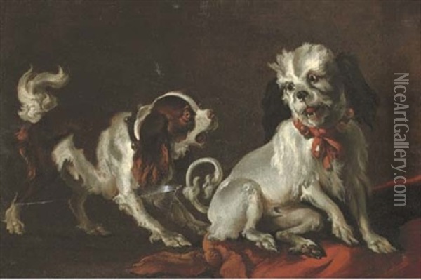 A King Charles Cavalier Spaniel And Another Dog In An Interior Oil Painting - Abraham Danielsz Hondius