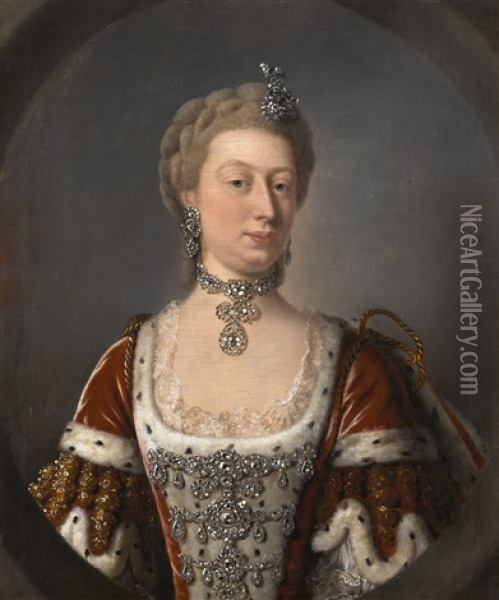 Portrait Of Augusta Von Sachsen-gotha, Princess Of Wales (1719-72), Half-length, Wearing An Ermine And Red Velvet Dress With Diamond Corsage, And Diamond Necklace And Earrings Oil Painting - Jean-Baptiste van Loo