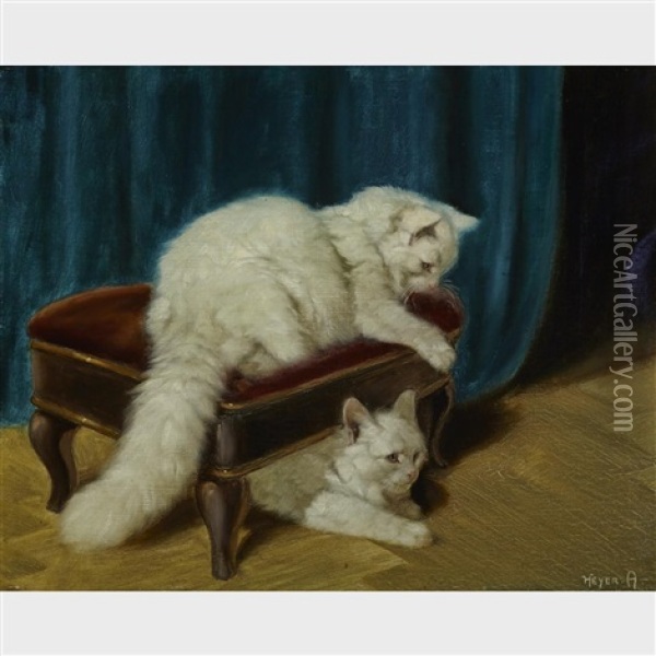 White Persian Cats Playing On A Footstool Oil Painting - Arthur Heyer