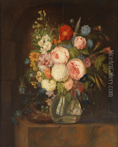 Roses, Snowballs, Convolvulus And Other Flowers In A Glass Vase With A Bird's Nest On A Stone Ledge Oil Painting - Willem van Leen