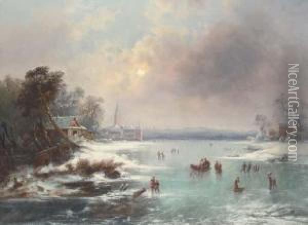 Figures Ice Skating On A Frozen Lake Oil Painting - Johan Friedrich Nagel