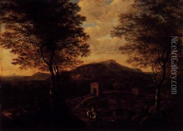 An Italianate Landscape With Travellers Neat The Ponte Luciano And The Grave Of The Pauti Oil Painting - Willem de Heusch
