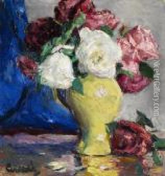 Rosen In Gelber Vase Oil Painting - Edward Alfred Cucuel