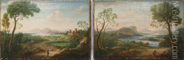 Pendants: Landschaftsveduten An Flusslaufen Mit Kastell Sowie Rundem Tempel, Im Vordergrund Figurenstaffage Oil Painting - Hendrick Frans van Lint