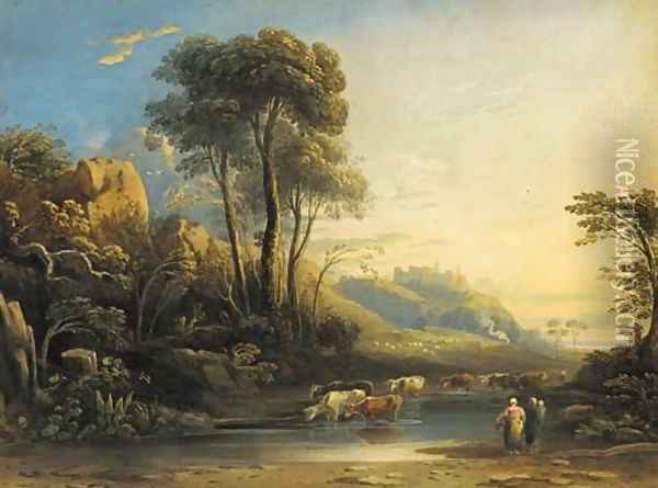 An extensive wooded landscape with cattle watering and a castle beyond Oil Painting - John Varley