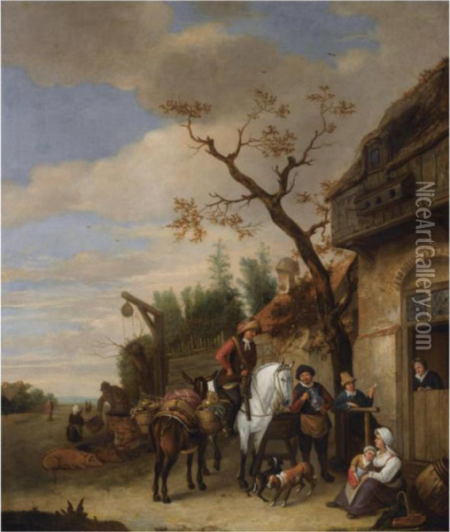 A Village Scene With Travellers Near An Inn, A Woman And Childresting In The Foreground Oil Painting - Isaack Jansz. van Ostade