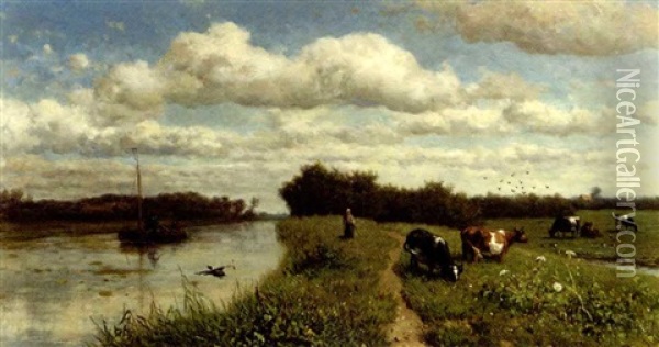 Canal Near Schiedam: Cows Grazing By A Canal Oil Painting - Willem Roelofs