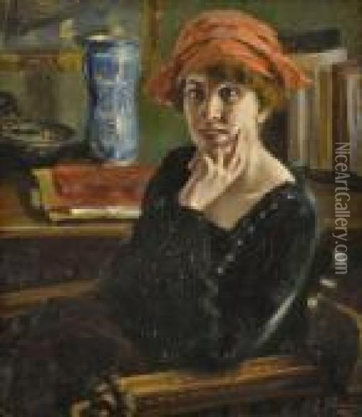 Bildnis Einer Dame Mit Rotem Hut Oil Painting - Giuseppe Pennasilico