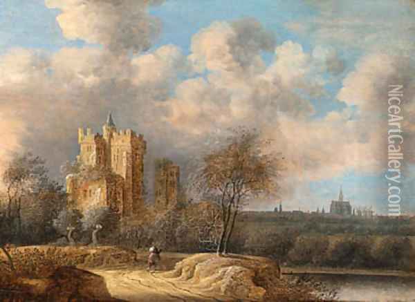 Landscape with a ruined castle and Haarlem in the distance Oil Painting - Anthony Jansz van der Croos