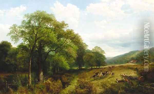 A herd of deer in a wooded river landscape, near Kenilworth Oil Painting - Henry Jutsum