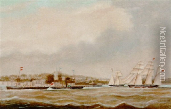 Paddlesteamers And Other Sailing Vessels Off Ryde Pier Oil Painting - Arthur Wellington Fowles