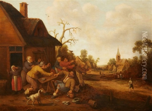 A Village Scene With Peasants Fighting Oil Painting - Joost Cornelisz. Droochsloot