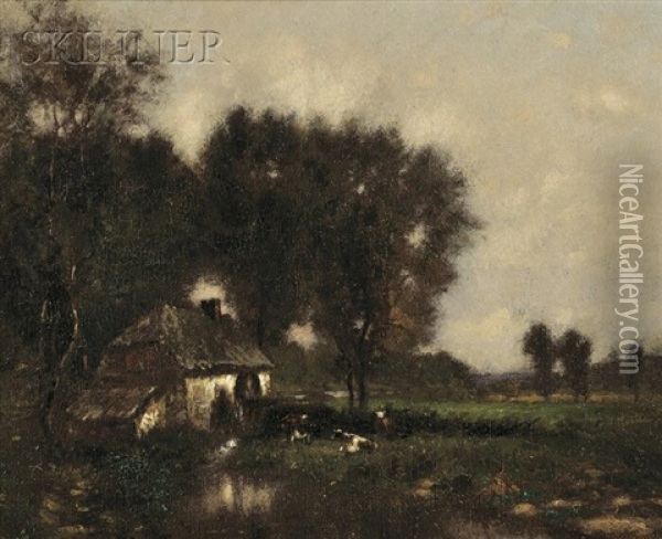 Pastoral Landscape With Cottage And Cows Oil Painting - Alfred Cornelius Howland
