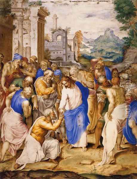 Christ Giving the Keys to St Peter Oil Painting - Giovanni B. (Il Genvovese) Castello