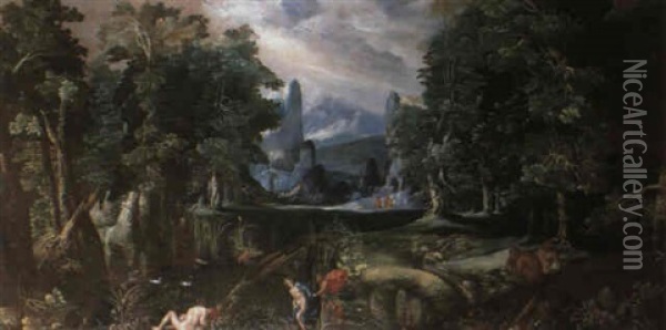 Pan And Syrinx With Bathing Nymphs Oil Painting - Paolo Fiammingo