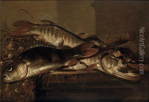 A Pike, Perch And Various Other Fish Together With Onions On Atable Oil Painting - Pieter de Putter