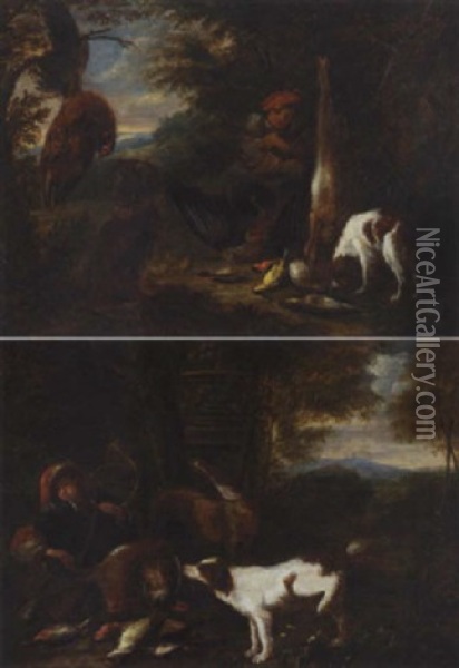 Landscape With Huntsmen And Spaniels With Their Game Oil Painting - Adriaen de Gryef