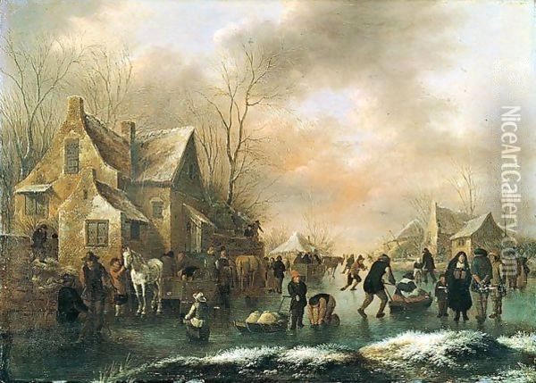 Winter Landscape With Numerous Figures Upon A Frozen Canal In A Village Oil Painting - Claes Molenaar (see Molenaer)