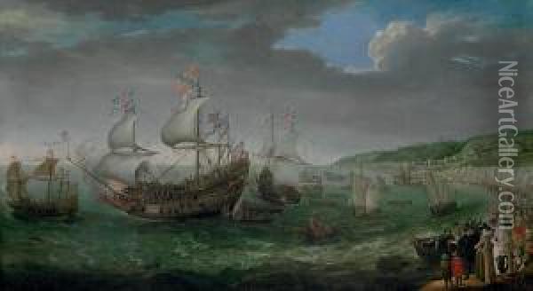 The Embarkation Of The Elector Palantine In The 'prince Royal' Oil Painting - Adam Willaerts