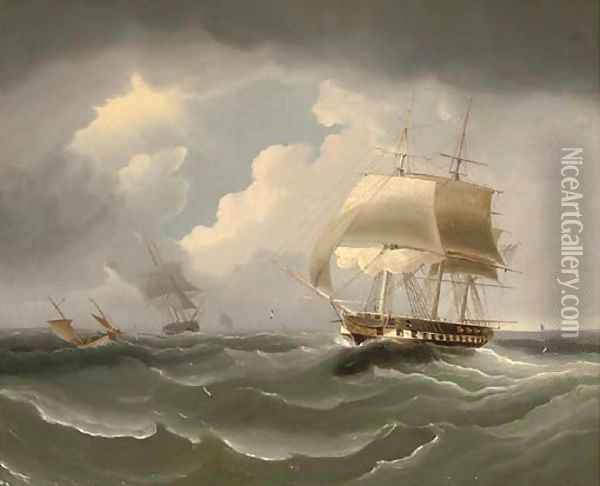 A frigate running down the Channel Oil Painting - James E. Buttersworth