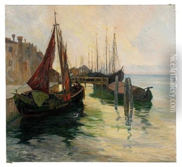 Barges On The Wharf Oil Painting - Alexei Vasilievitch Hanzen