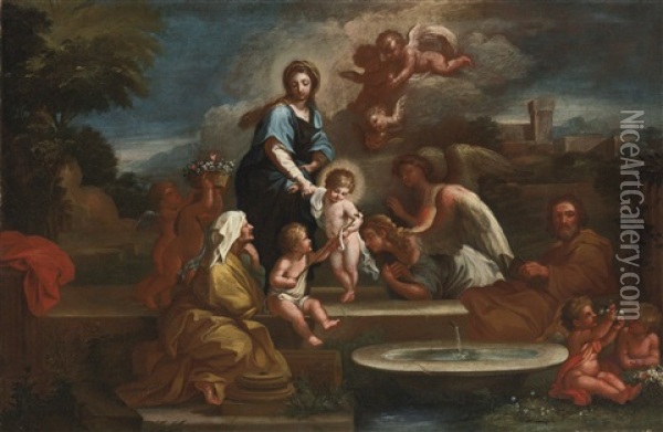 Holy Family With Angels In A Landscape Oil Painting - Luigi Garzi