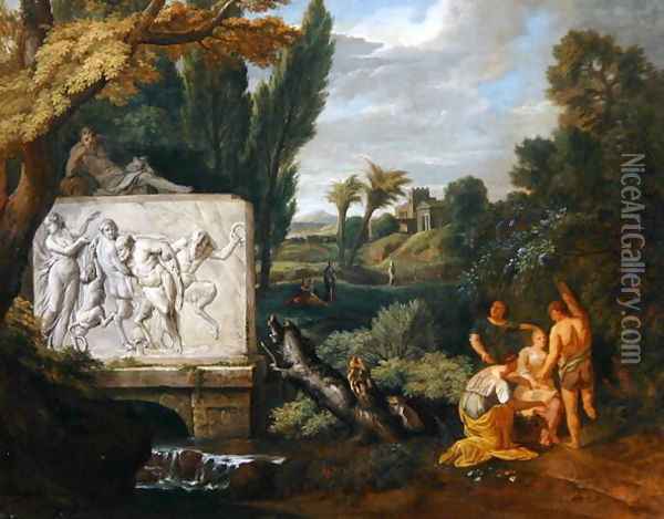 A Classical landscape with maidens dancing by a sarcophagus depicting the Triumph of Silenus 2 Oil Painting - Pieter Rysbrack