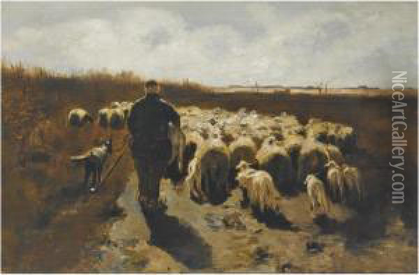 A Shepherd With His Flock In In An Autumn Landscape Oil Painting - Willem Steelink