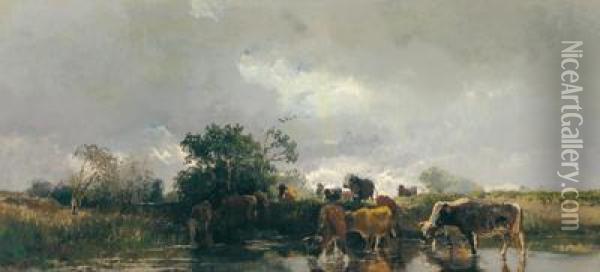Cows At The Water Oil Painting - Joseph Wenglein