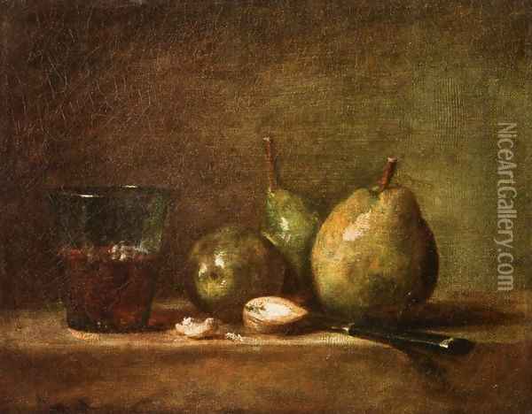 Pears, Walnuts and Glass of Wine Oil Painting - Jean-Baptiste-Simeon Chardin