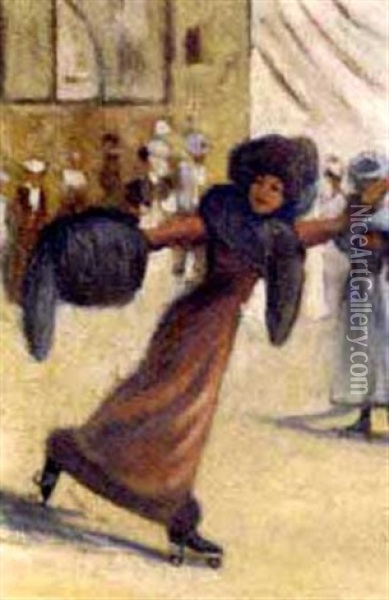 Rollerskating Oil Painting - Marguerite Rousseau