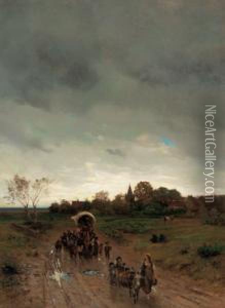Evening Mood With People Moving On The Village Path Oil Painting - Albert Lang