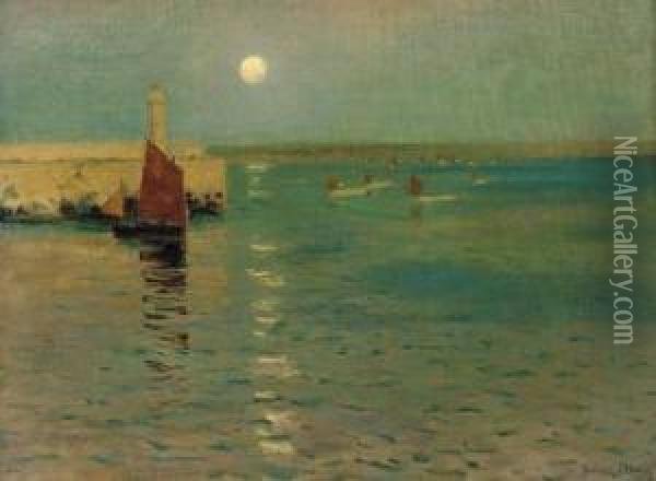 A Moonlit Harbour Oil Painting - Julius Olsson