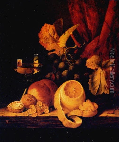 Still Life Of Fruit And A Glass Of Wine Oil Painting - Edward Ladell