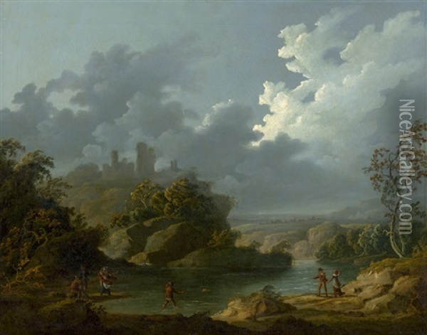 Flusslandschaft Mit Landvolk Bei Aufziehendem Gewitter Oil Painting - Julius Caesar Ibbetson