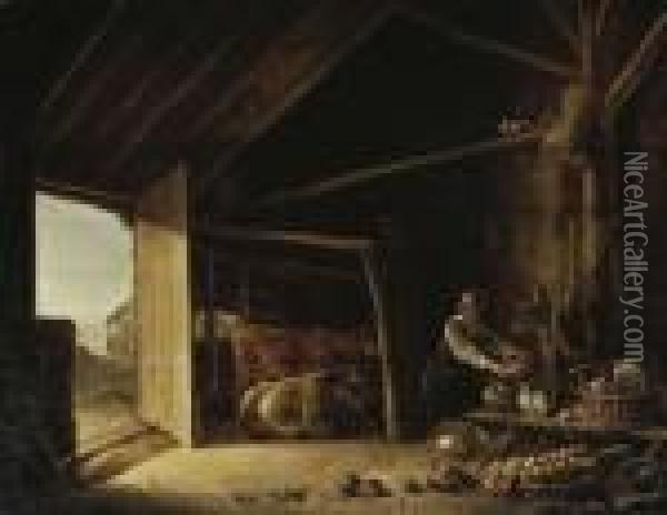 A Barn Interior With Cattle And A Maid Fetching Vegetables Oil Painting - Aelbert Cuyp