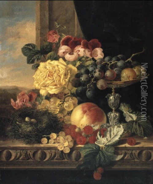 Still Life With Fruit, Flowers, A Bird's Net And A Tazza Oil Painting - Edward Ladell