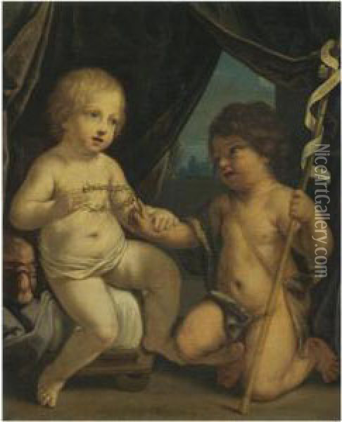 The Infant Jesus Christ Holding A Crown Of Thorns With The Youngst. John The Baptist Oil Painting - Elisabetta Sirani