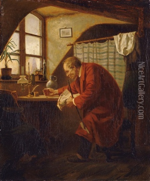 Interieur Mit Zeitunglesendem Mann Oil Painting - Jacobus Leisten