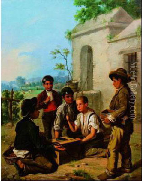 Los Golfillos Y El Mozo Cerillero Oil Painting - Manuel Cabral Aguado Y Bejarano