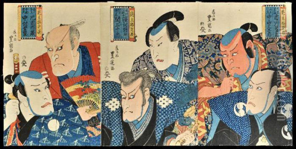 Triptych: Half Length Portraits Of Actors Depicting Anger And Fear Oil Painting - Kunisada