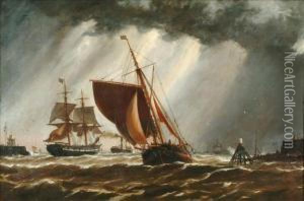 Vessels Inchoppy Waters At The Harbour Mouth Oil Painting - Richard Henry Nibbs
