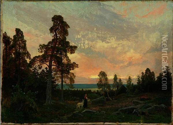 Il Torna, Attributed: Evening 
Atmosphere With A Shepherd Girl Walking On A Mounting Road. Inscribed 
And Dated Monogram 91. 25 X 35 Cm Oil Painting - Oscar Emil Torna