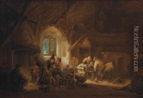 A Barn Interior With Peasants Conversing By A Fire Place, Drinking And Playing Backgammon Oil Painting - Isaac Van Ostade